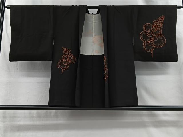 平和屋着物#羽織 刺繍 草花文 黒地 正絹 逸品 CABI9297ua