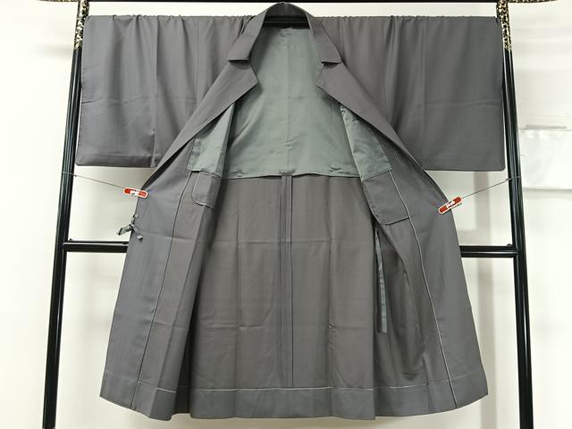 平和屋着物#男性 和装コート 角袖 色無地 灰色 ロング丈 正絹 逸品 CABI9345ua