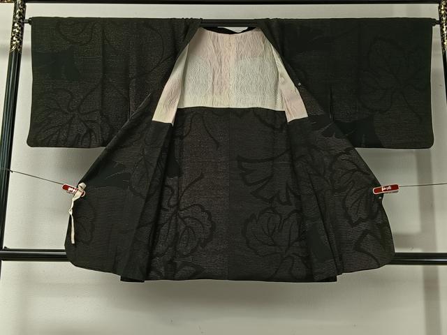 平和屋着物#道行コート 舞葉文 黒地 金通し地 正絹 逸品 CABI9363ua