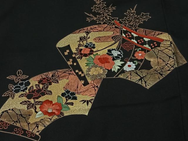 平和屋着物#羽織 刺繍 地紙花文 黒地 金彩 正絹 逸品 未使用 CABI9390ua