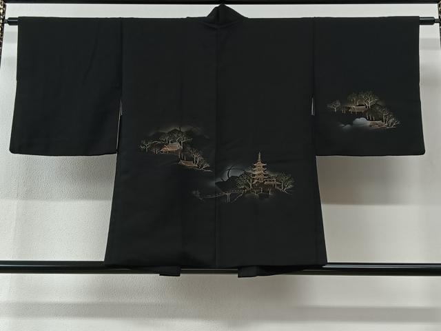 平和屋着物#羽織 風景文 黒地 金彩 正絹 逸品 CABI9426ua