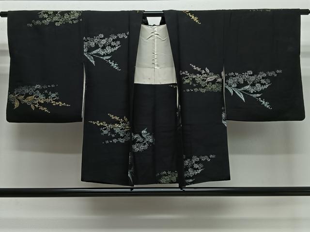 平和屋着物#羽織 寿光織 草花文 黒地 金銀糸 正絹 逸品 CABI9470ua