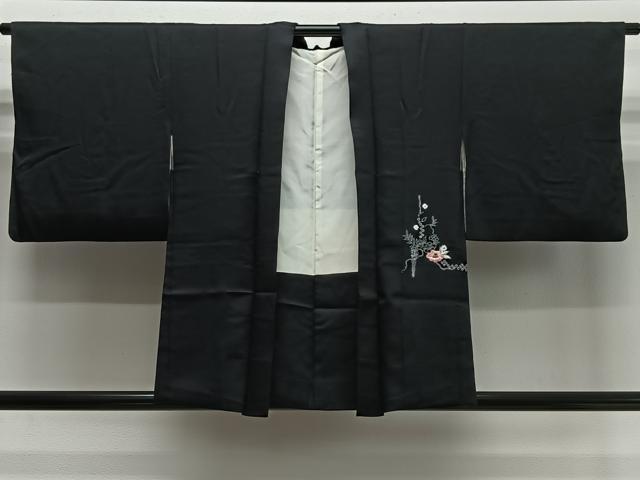 平和屋着物#羽織 刺繍 絞り 草花文 黒地 銀彩 正絹 逸品 CABI9478ua