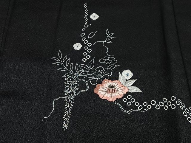 平和屋着物#羽織 刺繍 絞り 草花文 黒地 銀彩 正絹 逸品 CABI9478ua