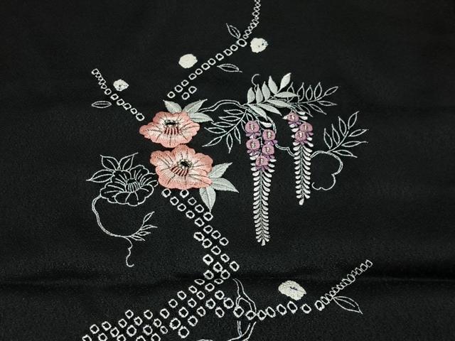 平和屋着物#羽織 刺繍 絞り 草花文 黒地 銀彩 正絹 逸品 CABI9478ua