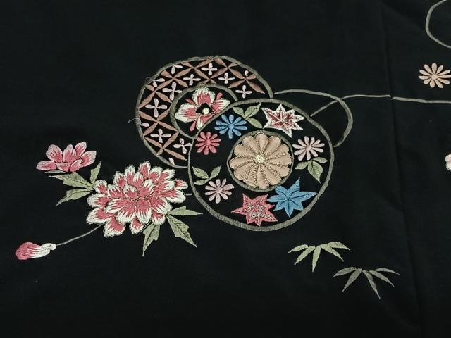 平和屋着物#羽織 総刺繍 花丸文 黒地 金糸 洗える着物 CABI9493ua