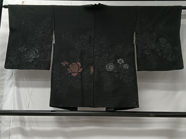 平和屋着物#羽織 寿光織 孔雀羽花文 黒地 銀糸 正絹 逸品 CABI9563ua