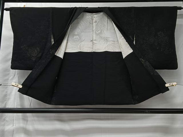 平和屋着物#羽織 寿光織 孔雀羽花文 黒地 銀糸 正絹 逸品 CABI9563ua