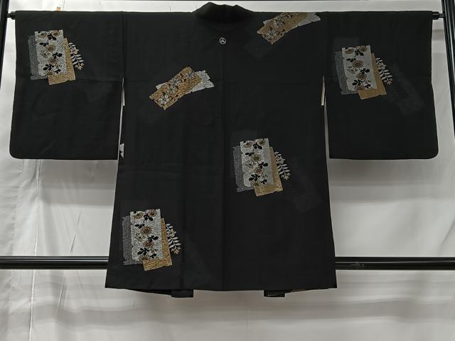 平和屋着物#羽織 寿光織 色紙重ね草花文 黒地 金銀糸 正絹 逸品 CABI9580ua