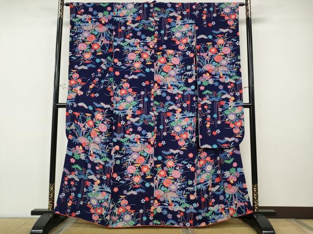 平和屋着物●豪華振袖 紅型 流水籬花文 鬼しぼ縮緬 正絹 逸品 CABI9605ut