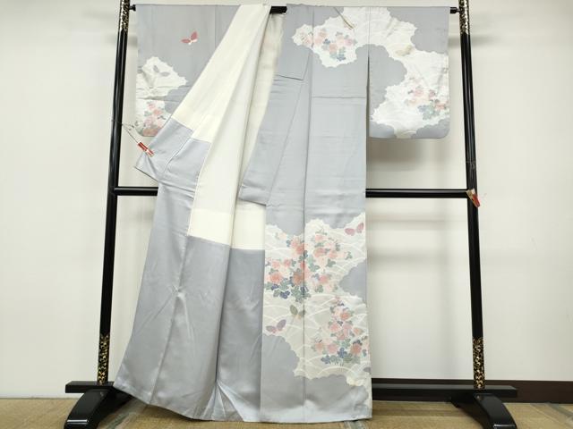平和屋着物●訪問着 駒刺繍 雲取り花蝶文 銀彩 正絹 逸品 CABI9624ut