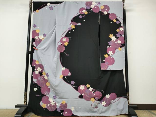 平和屋着物●豪華振袖 駒刺繍 花鞠文 黒地 金彩 正絹 逸品 CABI9637ut