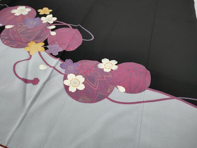平和屋着物●豪華振袖 駒刺繍 花鞠文 黒地 金彩 正絹 逸品 CABI9637ut
