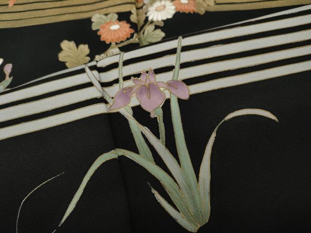 平和屋着物●訪問着 横段草花文 黒地 金彩 正絹 逸品 CABI9684ut
