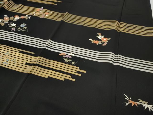 平和屋着物●訪問着 横段草花文 黒地 金彩 正絹 逸品 CABI9684ut