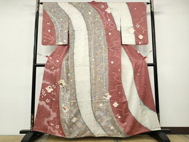 平和屋着物●訪問着 杢目絞り 刺繍 松皮菱枝椿文 金彩 正絹 逸品 CABI9688ut