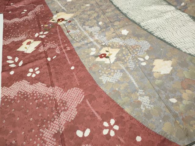 平和屋着物●訪問着 杢目絞り 刺繍 松皮菱枝椿文 金彩 正絹 逸品 CABI9688ut