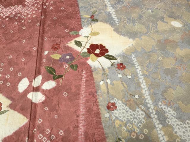 平和屋着物●訪問着 杢目絞り 刺繍 松皮菱枝椿文 金彩 正絹 逸品 CABI9688ut