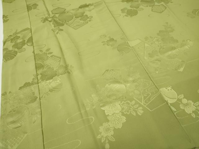 平和屋着物●振袖用長襦袢 袷 舞花鈴地紋 抹茶色 正絹 逸品 CABI9715ut