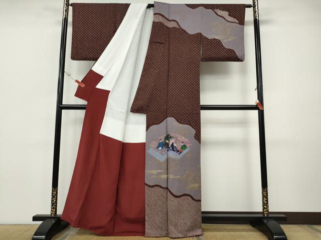 平和屋着物●訪問着 絞り 地紙人物御所車花文 金銀彩 正絹 逸品 CABI9732ut