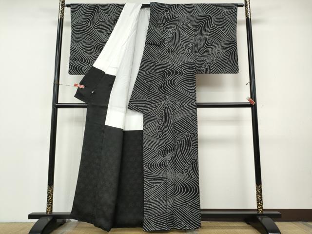 平和屋着物●訪問着 総絞り 立波文 黒地 正絹 逸品 CABI9771ut