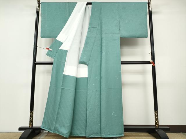 平和屋着物●本加賀友禅作家 柿本市郎監修 色無地 草花地紋 錆浅葱色 正絹 逸品 CABI9780ut