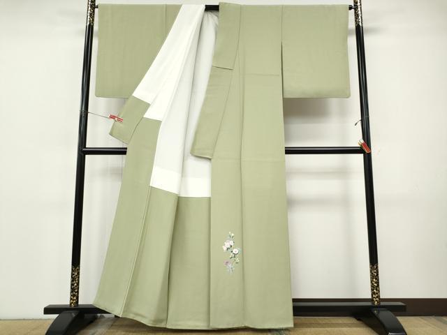 平和屋着物▼豪華色留袖 友禅 枝花文 抹茶色 正絹 逸品 CABI9781ut