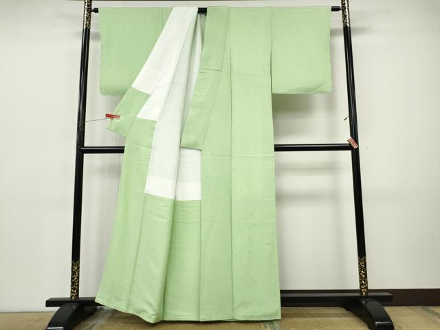 平和屋着物●上質な色無地 花蝶地紋 若芽色 正絹 逸品 未使用 CABI9782ut