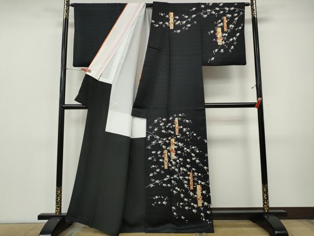 平和屋着物●銀座きしや 訪問着 刺繍 短冊枝花文 黒地 金彩 反端付き 正絹 逸品 CABI9797ut