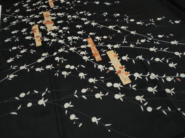 平和屋着物●銀座きしや 訪問着 刺繍 短冊枝花文 黒地 金彩 反端付き 正絹 逸品 CABI9797ut