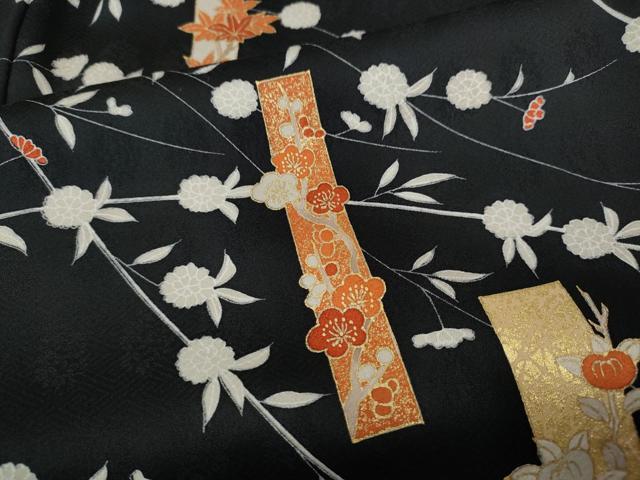 平和屋着物●銀座きしや 訪問着 刺繍 短冊枝花文 黒地 金彩 反端付き 正絹 逸品 CABI9797ut