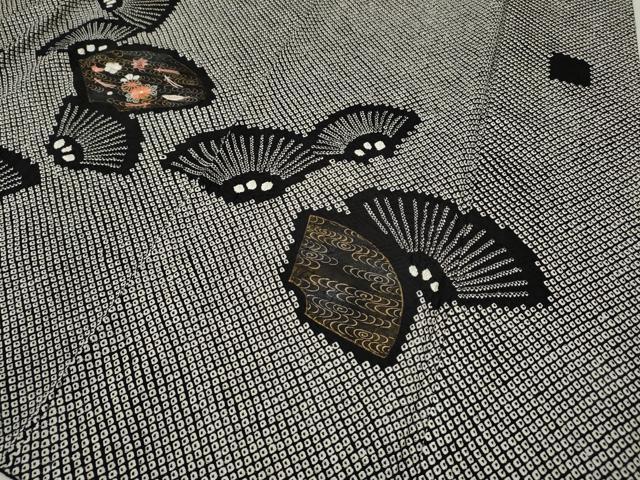 平和屋着物●訪問着 絞り 刺繍 地紙花文 黒地 金彩 正絹 逸品 CABI9805ut
