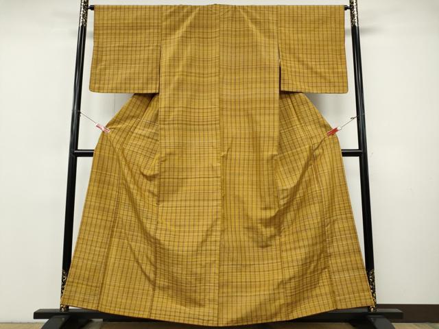 平和屋着物●黄八丈 紬 平織 格子柄 正絹 逸品 CABI9817ut
