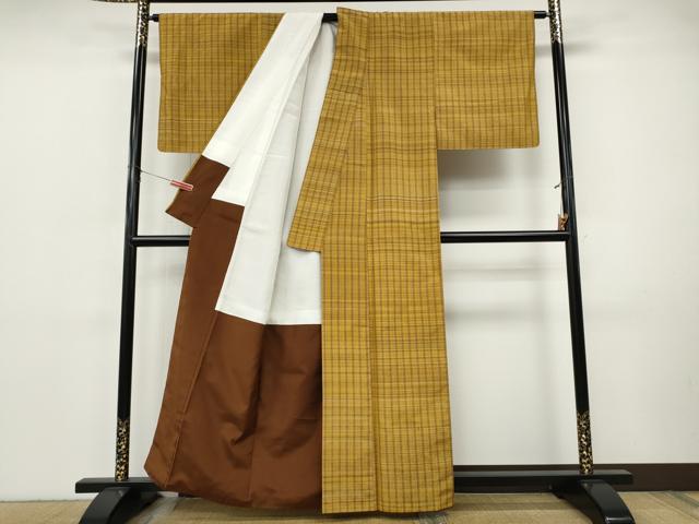 平和屋着物●黄八丈 紬 平織 格子柄 正絹 逸品 CABI9817ut