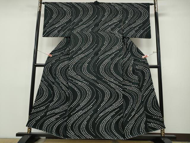 平和屋着物●上質な小紋 総絞り 流水文 黒地 正絹 逸品 CABI9846ut