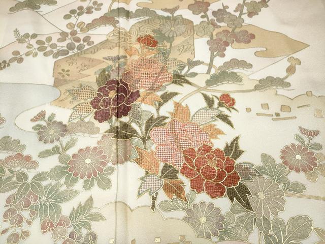 平和屋着物●中国三大刺繍 スワトウ刺繍 訪問着 エ霞草花文 暈し染め 金彩 正絹 逸品 CABI9855ut