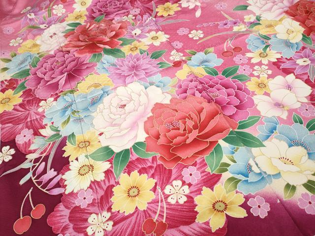 平和屋着物●豪華振袖 刺繍 さくらんぼ 舞花文 暈し染め 金彩 正絹 逸品 CABI9875ut