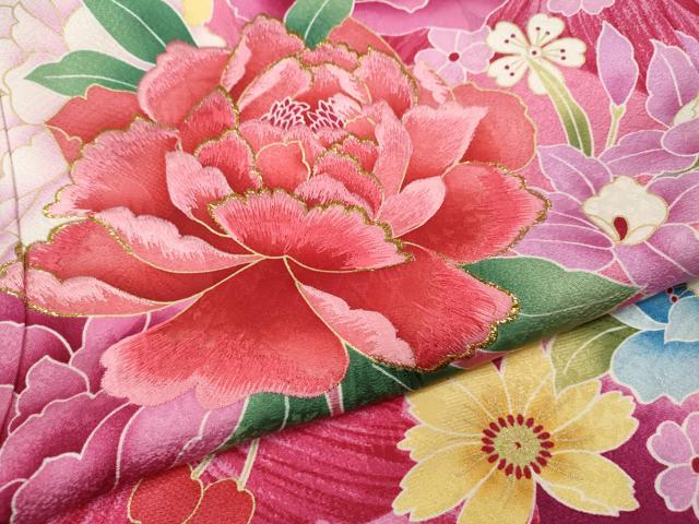 平和屋着物●豪華振袖 刺繍 さくらんぼ 舞花文 暈し染め 金彩 正絹 逸品 CABI9875ut