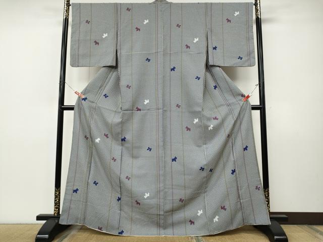 平和屋着物●小紋 千鳥格子 犬 リボン 洗える着物 CABI9876ut