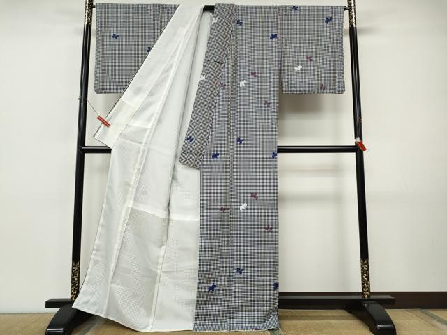 平和屋着物●小紋 千鳥格子 犬 リボン 洗える着物 CABI9876ut