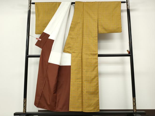 平和屋着物●本場黄八丈 まるまなこ 紬 格子柄 正絹 逸品 CABI9976ut