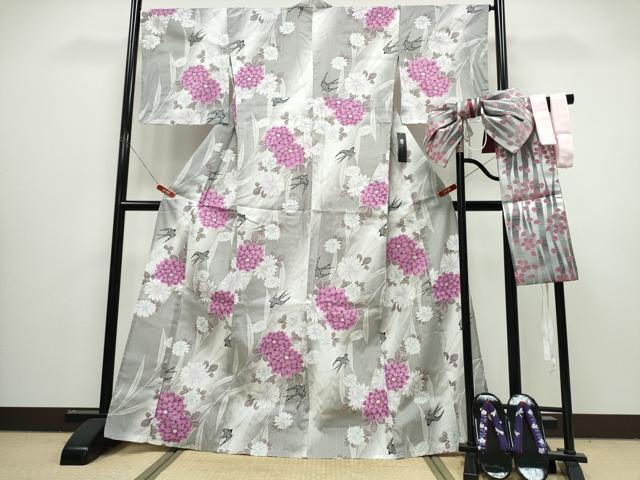平和屋着物∴夏物 浴衣・つけ帯・下駄セット 燕 枝菊文 綿 逸品 未使用 CABJ0043ng