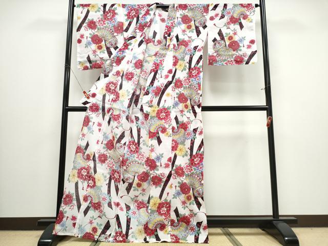 平和屋着物∴夏物 浴衣 鞠牡丹花文 綿 逸品 未使用 CABJ0045ng
