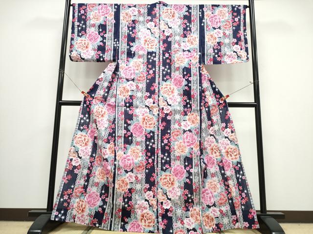 平和屋着物∴夏物 浴衣 レース薔薇間道 ラメ 綿 逸品 未使用 CABJ0046ng