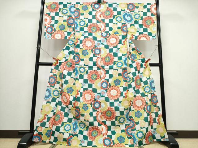 平和屋着物∴夏物 浴衣 綿紅梅 市松正倉院花文 綿 逸品 未使用 CABJ0047ng