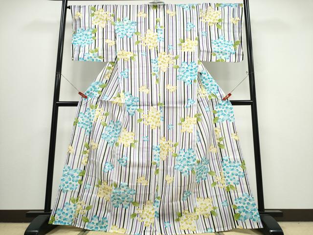 平和屋着物∴夏物 浴衣 綿紅梅 紫陽花 間道 綿 逸品 未使用 CABJ0051ng