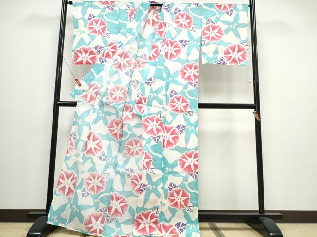 平和屋着物∴夏物 浴衣・小紋兼用 朝顔 綿麻 逸品 未使用 CABJ0058ng