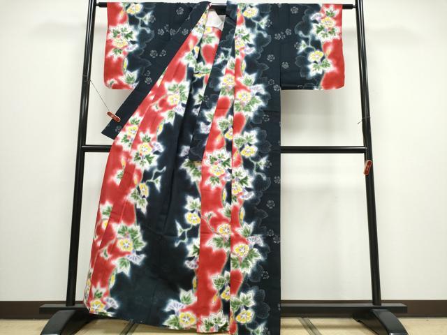平和屋着物∴夏物 浴衣 朝顔 黒地 金彩 綿 逸品 CABJ0061ng