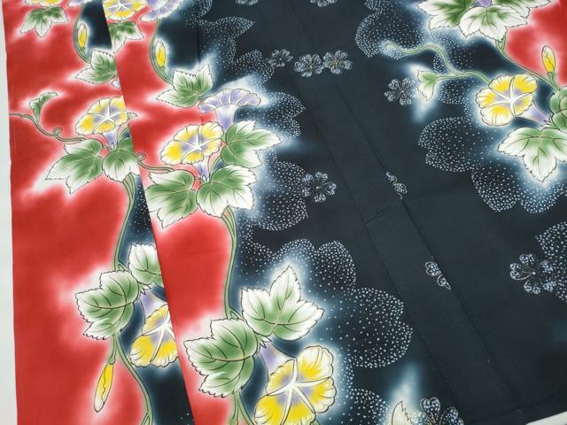 平和屋着物∴夏物 浴衣 朝顔 黒地 金彩 綿 逸品 CABJ0061ng
