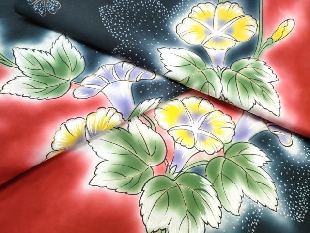 平和屋着物∴夏物 浴衣 朝顔 黒地 金彩 綿 逸品 CABJ0061ng